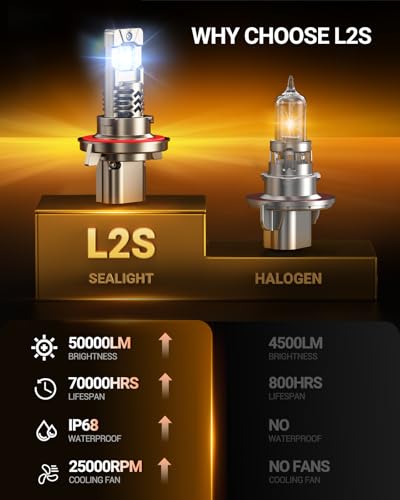 Image of SEALIGHT Upgraded H13 Bulbs, 10X Super Bright, L2S 9008 /H13 Light Bulbs, Real 1:1 Halogen Size, 6500K Cool White Driving Light, IP68 Waterproof, Plug and Play, Pack of 2