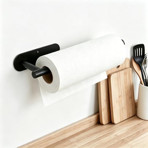 Image of Paper Towel Holder Under Cabinet - Self Adhesive Paper Towel Roll Holder Wall Mount, Matte Black Stainless Steel Towel Paper Holder for Kitchen, Bathroom, Cabinets