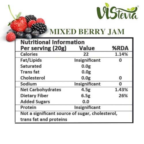 Image of Vistevia Sugar Free Combo of Mixed Fruit Jam & Mixed Berry Jam, Diabetic and Keto Friendly - Sweetened Naturally with Stevia, More Than 60% Berry Content - Tastes Delicious - Pack of 2 (220 * 2GM)