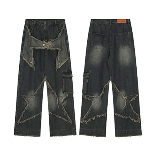 American Vintage Men's Jeans Star Embroidery Multi Pocket Jeans Men's Loose Wide Leg Straight Leg Pants