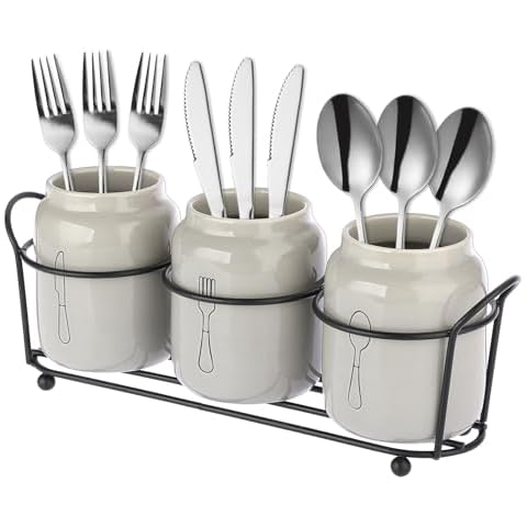 SUMTree 3-Piece Ceramic Silverware Set with Rack Cover