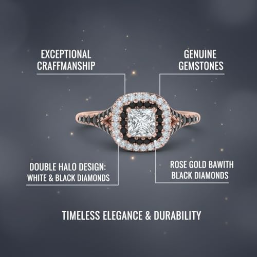 Image of Choose Your Gemstone Delicate Double Halo Diamond CZ Ring Rose Gold Plated Princess Shape Halo Engagement Rings Matching Jewelry Wedding Jewelry Easy to Wear Gifts US Size 4 to 12