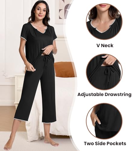 Image of NACHILA Bamboo Viscose Women's Pajamas Set Short Sleeve Sleepwear Soft Capri Pants Pajama Sets Cooling Pjs Casual Loungewear