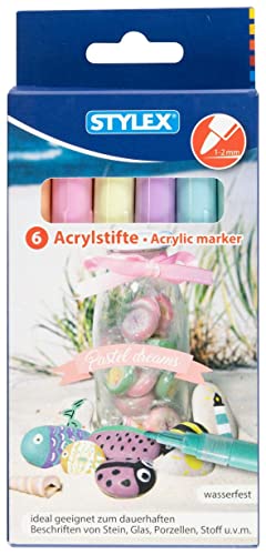 Stylex 32818 - Penne acriliche pastello, 6 pezzi, nei colori avorio, arancione, menta, azzurro, rosa, lilla, spessore tratto 1-2 mm, per scrivere a lungo su pietra, vetro e tessuto