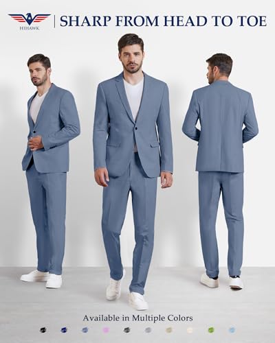 Hihawk Men 2 Piece Regular Fit Linen Suit, Casual Blazer Pants Set, Lightweight Jacket Trouser for Wedding Prom2