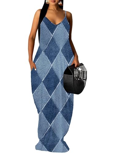 Image of Women's Summer Maxi Dress Spaghetti Strap Floral Boho Beach Long Sundress with Pockets