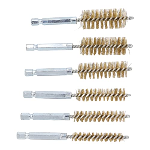 Image of Brass Wire Bore Cleaning Brush Set - 6 Pieces with 1 /4in Hex Shank, Drill Compatible (Yellow)