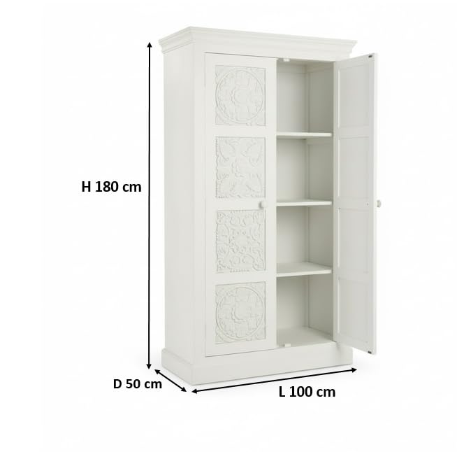 Image of APRODZ Floreale Mango Wood Wardrobe for Bedroom 2-Door Modular Wooden Almirah for Storage /Space Saving Storage Organizer Rack Clothes Cupboard for Bedroom (White Finish)