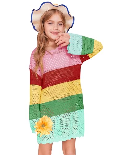 Image of Batermoon Girls Crochet Long Sleeve Swimsuit Cover Up Kids Fashion Hollow Out Swimwear Beach Dress 5-14 Years