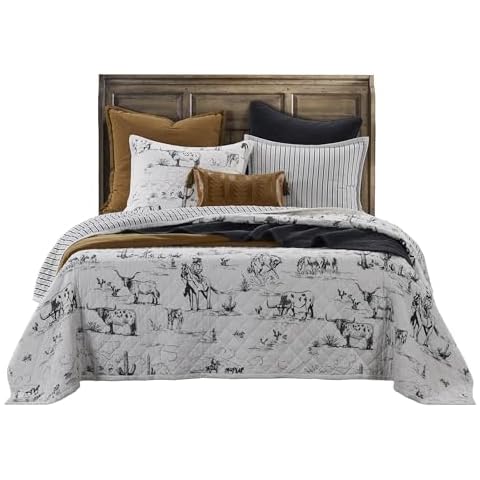 Paseo Road by HiEnd Accents Ranch Life Western Bedding, 3 Piece Full Queen Size Quilt Set, White Black Cow Cowboy Longhorn Horse Print Western Bed Set, Cotton Rustic Southwest Quilt with Pillow Shams Cover