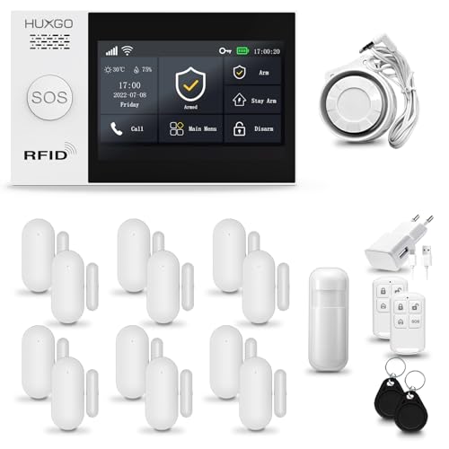 HUXGO® HXA007 Funk Alarmanlage Set WiFi + GSM mit Sirene | Alarm System mit Bewegungsmelder, 12x Tür- Fenstersensor, Fernbedienung | Wohnmobil Alarmanlage | Smart Home Security