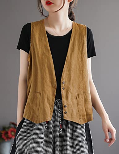 Bozanly Women's Sleeveless Button Down Vest Casual V Neck Cotton Linen Blazer Jacket with Pockets4