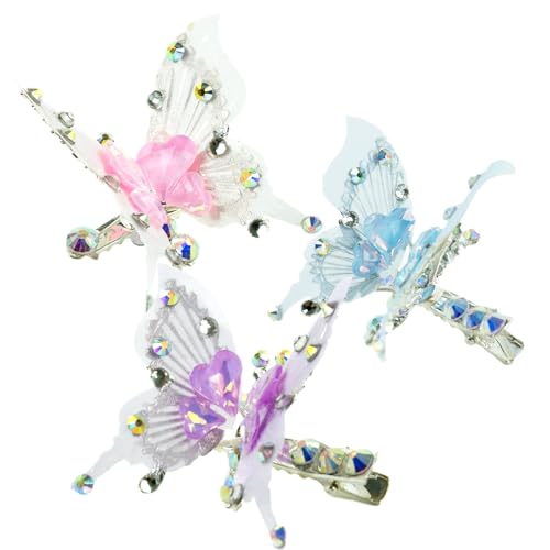 3Pcs Flying Butterfly Hairclips for Girls, Cute Moving Wings 3D Butterfly Hairpins Glitter Rhinestones Barrettes Hair Accessories for Girls (Heart)