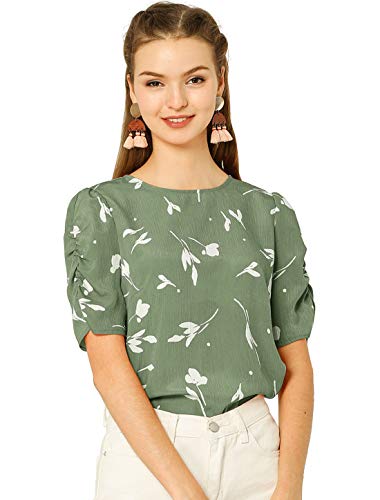 Allegra K Women's Floral Blouse Crew Neck Valentine's Day Casual Shirred Short Sleeve Top