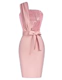 GRACE KARIN Damen One Shoulder Kleid Bodycon Glitzerkleid Abendkleider Elegant für Hochzeit Knielang Cocktailkleid Rosa 42