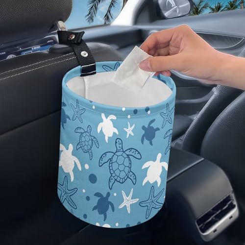 Image of Turtle Print Hanging Car Trash Bag Car Trash Can with Adjustable Buttons Collapsible Multipurpose Car Storage Bag Road Trip Essentials