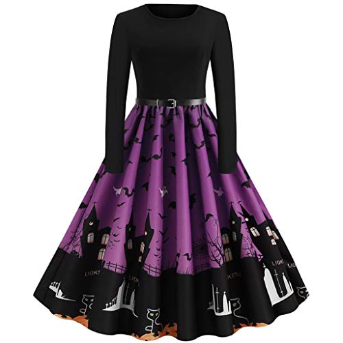 Sannysis 2019 Damen Halloween Kostüm Vintage Weihnachten Party Kleider Elegant Print Rundhals A-Linie Cocktailkleid Retro Frauen Knielang Rockabilly Bedruckte Abend Kleid (XL, Lila)