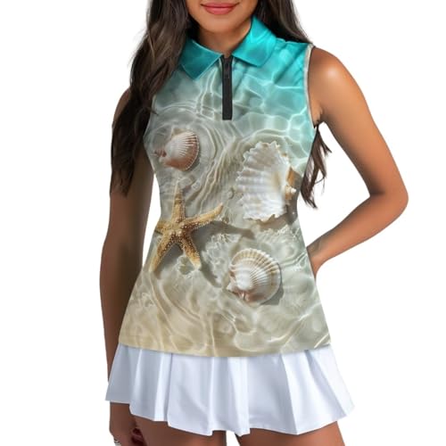 Suobstales Polo de golf sin mangas para mujer, de secado rápido, con cuello, camisetas deportivas sin mangas, camisetas ligeras para tenis, Estrella de mar de playa y concha, XL