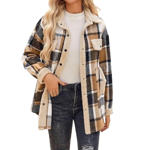 Cdiecer Shackets for Women Lapel Plaid Jacket Button Down Flannel Jacket Long Sleeve Sherpa Jackets Fall Winter Coat2