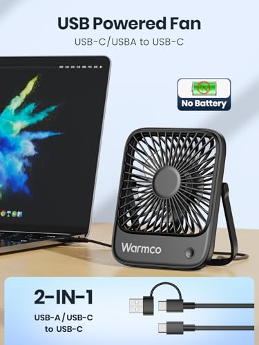 Warmco USB Desk Fan 2Pack, USB C Corded Powered Small Personal Fan, Strong Airflow Quiet Operation, 3 Speeds Wind With 180° Tilt Folding for Office Table Home(No battery)