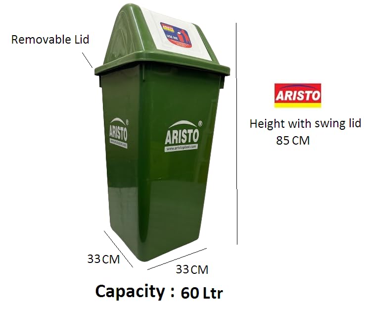 Image of ARISTO Square Swing Lid Plastic Dustbin 60 LTR (Green)