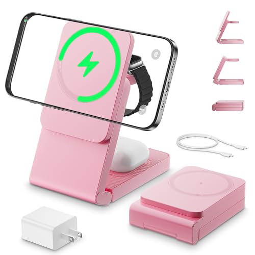 Image of 3-in-1 Charging Station for Apple Devices, Foldable Magnetic Wireless Charger Stand, Fast Charger Station for iPhone17 /16 /15 /14 /13 /12 Pro Max / AirPods2 /3 /4 and IWatch Ultra Series(Pink)