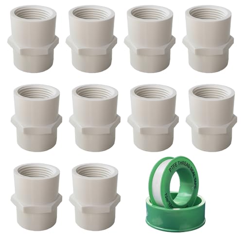 YTFSA 3/4 Inch White PVC Pipe Fitting, NPT Female Thread Adapter Connector, Sch40 Slip Coupling, Socket x NPT Female, 10 Pack