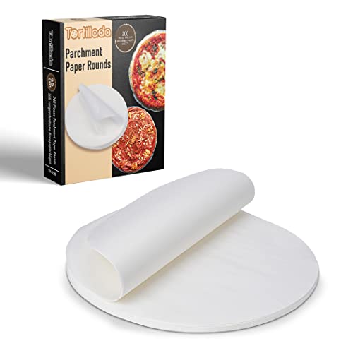 Tortillada - 200 hojas de papel de horno redondo 25cm, papel pergamino precortado antiadherente para freidora de aire, prensa para tortillas y moldes de repostería, resistente al calor