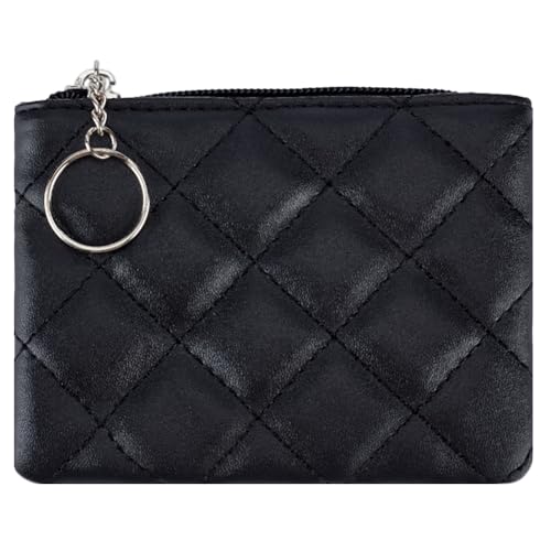 CRASPIRE Black Small Coin Purse PU Leather Rhombus Embroidery Zipper Pouches Portable Zip Change Wallet Purse Pocket Bag with Alloy Keychain for Women Ladies Card Key Headset Lipstick