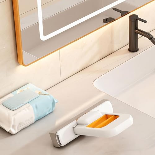 Image of Self Squeeze Mini Mop | Portable Sponge Head for Bathroom Mirrors, Glass, Countertops & Kitchen | Multipurpose Small for Home Cleaning Tools & Decor (White & Orange)