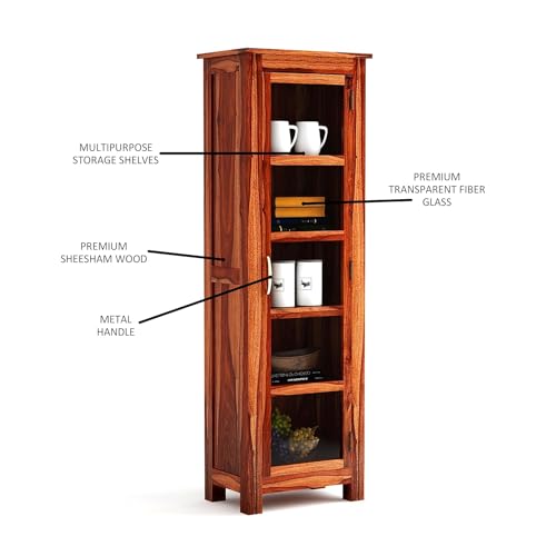 Image of Book Shelf with Glass Door, Wood Book Shelf for Home Library, Kitchen Crockery Cabinet Storage, Home Furniture, Books Rack, Book Stand, Wooden Bookcases, Shelves, Honey Finish 1