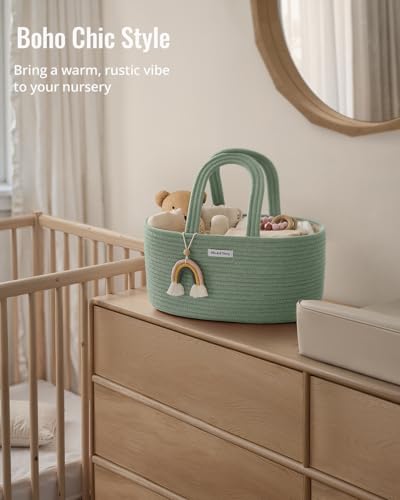 Image of Blissful Diary Baby Diaper Caddy Organizer, Cotton Rope Diaper Caddy Basket, Oval Storage Basket, Gift for Baby Shower, Newborn Essentials, Green