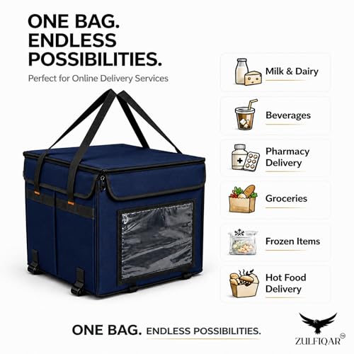 Image of ZULFIQAR Insulated Delivery Bag for Bike, Thermal Food & Grocery Delivery Bag, Waterproof Heavy-Duty Carrier, 15x15x15 Inch (Large 65L - Black) (Blue, Large)