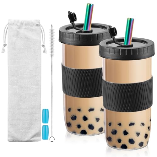 Dyserbuy 2 Stück Bubble Tea Becher, 730ml Wiederverwendbare Bubble Tea Set mit Strohhalm, Smoothie Becher Für Kaffee, Milchshakes, Getränke (Schwarz)