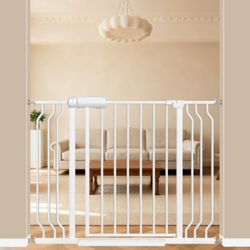 Image of ALLAIBB Extra Wide Pressure Mounted Baby Gate Walk Through Child Kids Safety Toddler Tension White Long Large Pet Dog Gates with Extension for doorways Kitchen (29.13-43.3 inch /74-110cm, White)