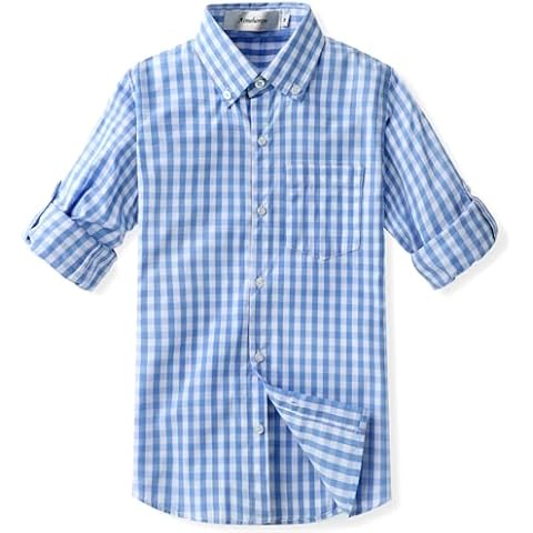 Aimehonpe Boys Long Sleeve Plaid Button Down Shirt Cotton Roll Up Sleeve Woven, Blue, Large Cover