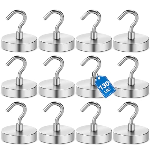 LOVIMAG Strong Magnetic Hooks, 130lbs Magnetic Hooks for Cruise Cabins, Magnet Hooks for Cruise Ship Essentials, Rare Earth Magnets with Hooks for Refrigerator,Hanging,Classroom,Kitchen-12 Pack
