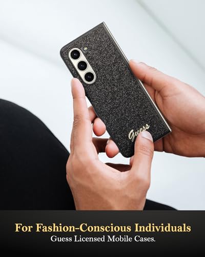 Image of CG MOBILE Guess [Official Licensed] PC /TPU Glitter Flakes Case | Script Metal Logo Protective Case /Cover Designed for Galaxy Z Fold 5 (2023) - Black