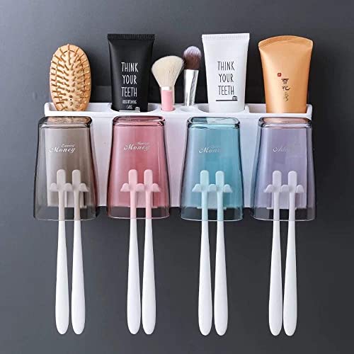 歯ブラシスタンド 収納ラック マグネット掛け式 歯磨きコップホルダー コップスタンド 歯ブラシ立て 壁掛け 置き型 バスルーム 洗面台 多機能収納ケース 家族用 カップを4つ持ってきて (A)