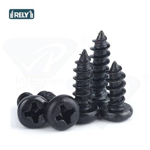 Image of Rely⇒VP INDUSTRIES (Pcs-50) No.8x38 mm Pan Phillips Head Self-Tapping Screws - Black Zinc Coated Mild Steel, High-Tensile for Wood, Plywood, Plasterboards, Cabinets & DIY Use