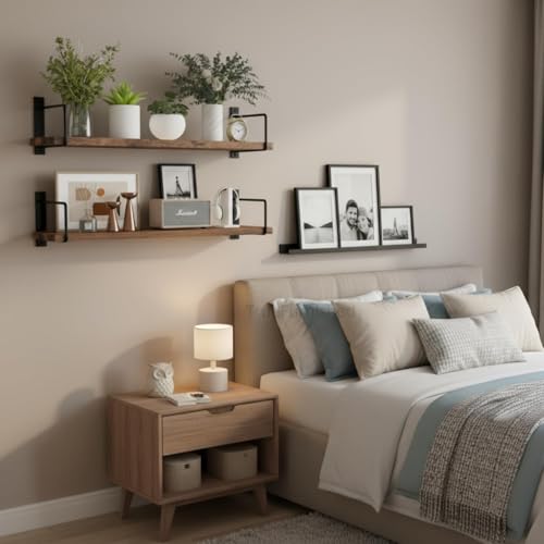 Image of Wall Mounted Bathroom Shelves Set of 3, Glossy Brown Rustic Wood Floating Shelves with Metal Brackets, Wall Storage Rack for Toiletries, Organizer, Kitchen, Bedroom, Living Room 23.5 inch