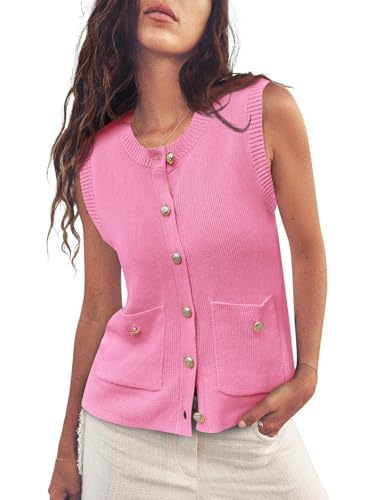Image of Saodimallsu - Women's Summer Sleeveless Button Down Ribbed Knit Crew Neck Short Vest with Pockets