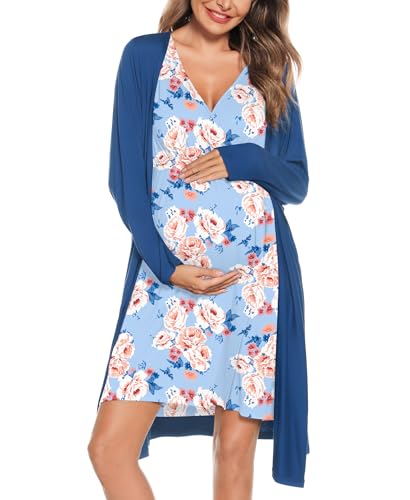 Image of SWOMOG Women Maternity Nursing Gown and Robe Set 3 in 1 Labor Delivery Nursing Nightgown for Breastfeeding Hospital Bathrobe