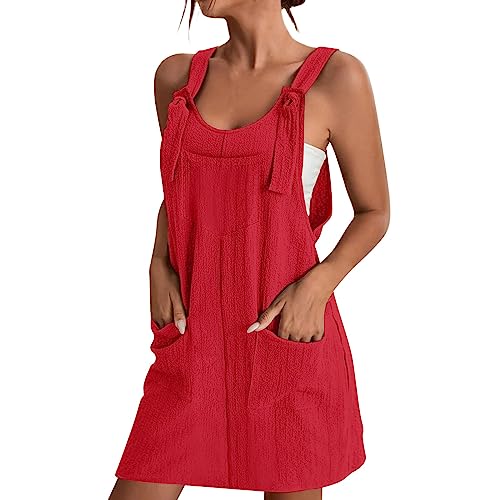 Vestido de peto para mujer, sin mangas, sin mangas, tirantes ajustables, cargo, minivestido de espalda descubierta, con bolsillos, falda con peto, cuello redondo, vestido casual, tallas grandes