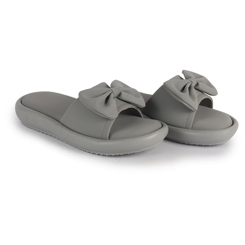 Image of FAUSTO Women Open Toe Bow Design Slip On Sliders | Extra Comfort Cushioned Insole Slippers | Classic Flat Sandals for All Day Long