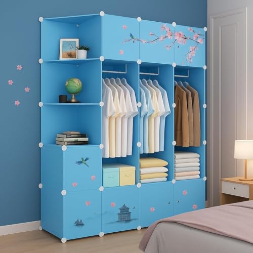 Image of LUHI Plastic Wardrobe for Kids Clothes ? Easy to Use Anti-Skid & Non-Slip Effective Professional, Plastic Cupboard for Kids, Foldable Almirah, Collapsible Wardrobe (Blue X4, 12-Shelf-10-Door)