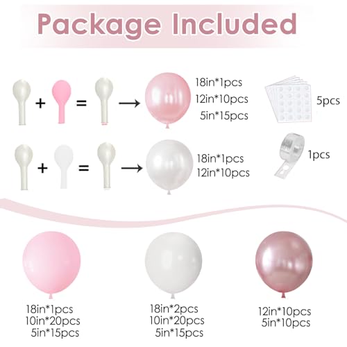 Image of Blocesa Pearl Pink White Balloons Arch Kit Double Stuffed, Party Decor. | Pastel /Light Pearl /Metallic Pink, White Balloons. Perfect for Coquette Wedding, Girl Birthday, Bridal Shower.