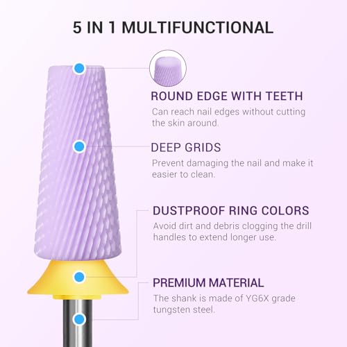 Image of MelodySusie 5 in 1 Nail Drill Bits, 3 /32'' Ceramic Cross Cut Bits, Suitable for Manicure Pedicure Cuticle Gel Polishing, Pink, Series Bit-M, Extra Fine, Purple