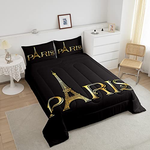Erosebridal Eiffel Tower Comforter Set, City Building Of Paris Bedding Set Queen Size, Gold Black Duvet Sets For Kids Boys Girls Teens Bedroom, Soft Microfiber Bedding Comforters With 2 Pillow Cases #TOP2