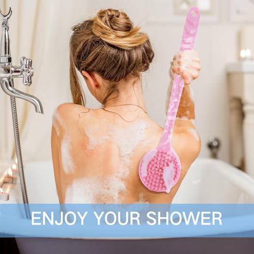 Image of Silicone Bath Brush with Long Handle - Soft Bristles Back Scrubber for Shower | Body Massage - Exfoliating Dirt Removal Brush for Men | Women (Pink & Blue Combo Set)